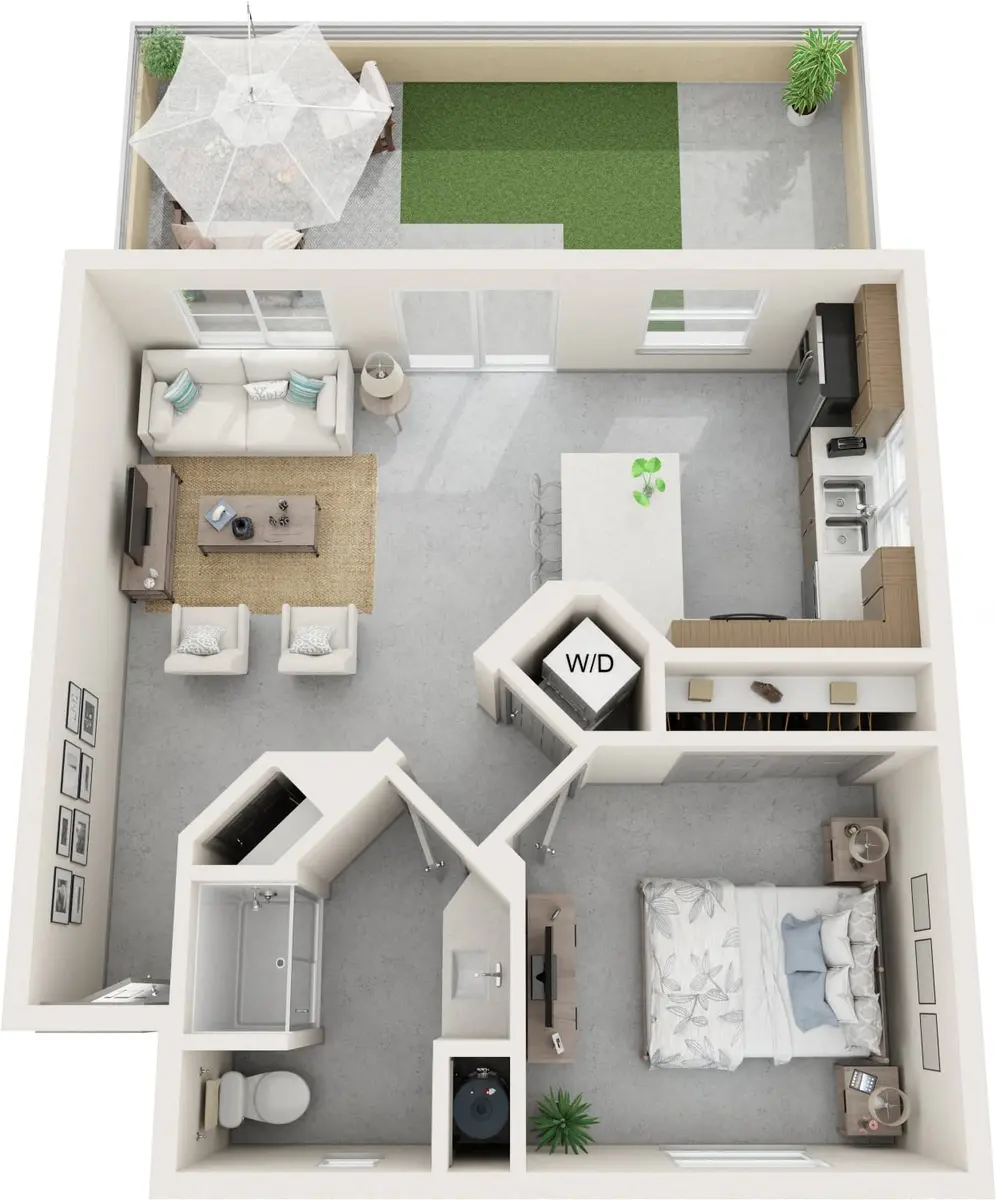 A top-down view of a small apartment layout featuring a living area, kitchen, bedroom, and bathroom.