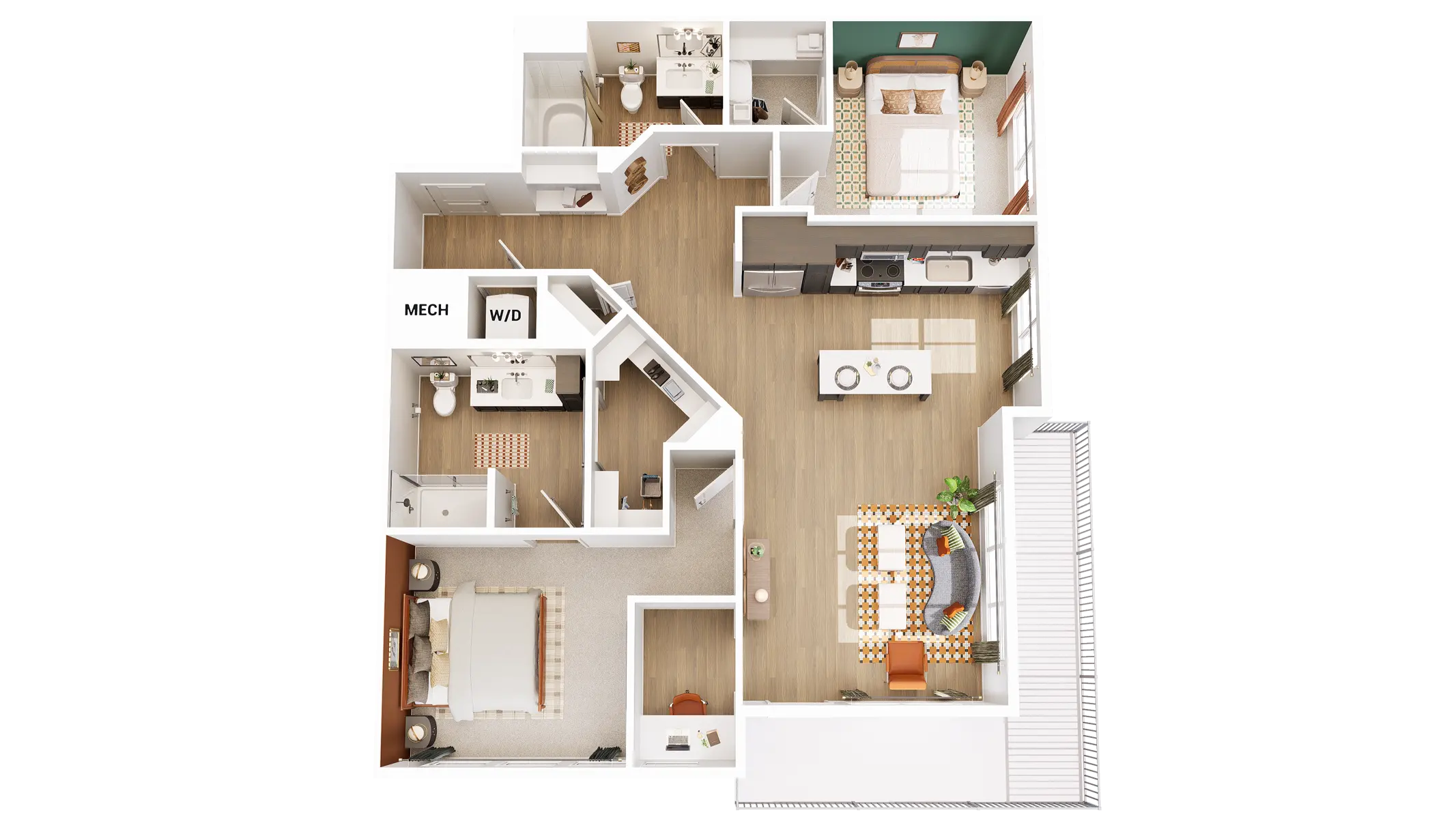 A 2D layout of a modern apartment featuring two bedrooms, a living area, a dining space, and a kitchen, with labeled areas for mechanical and washer/dryer sections.