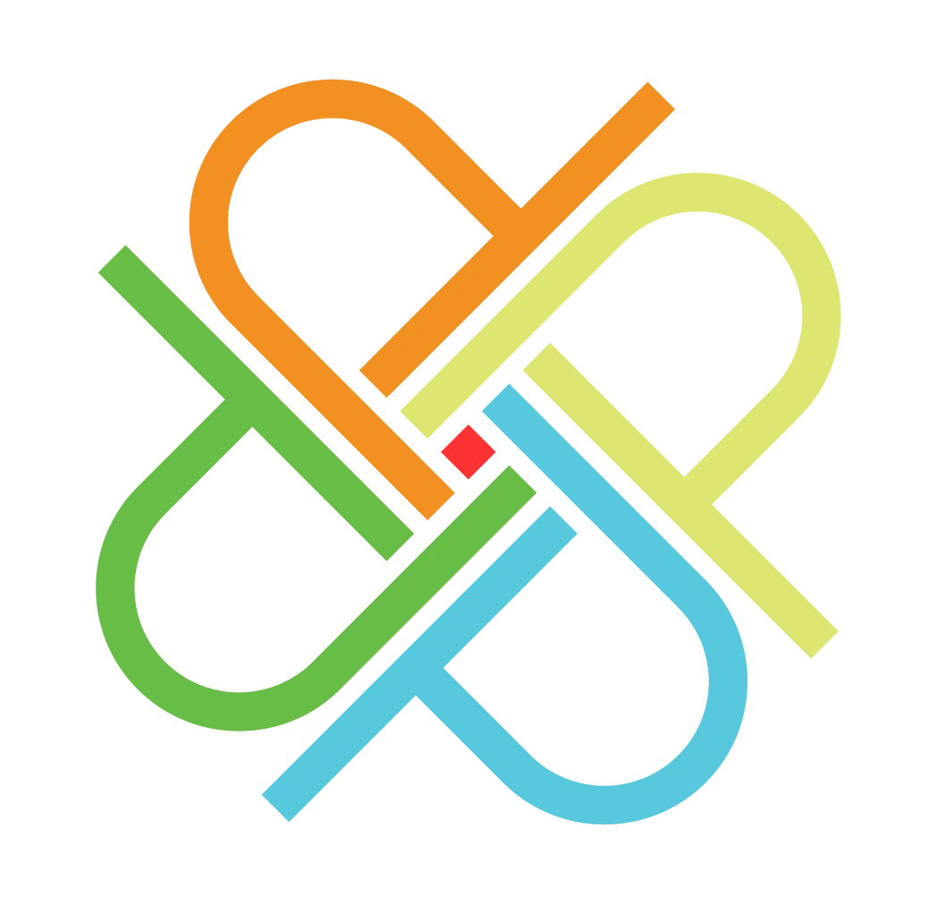 An abstract design featuring interwoven lines in orange, green, blue, and yellow, forming a symmetrical pattern resembling a knot or a geometric shape.
