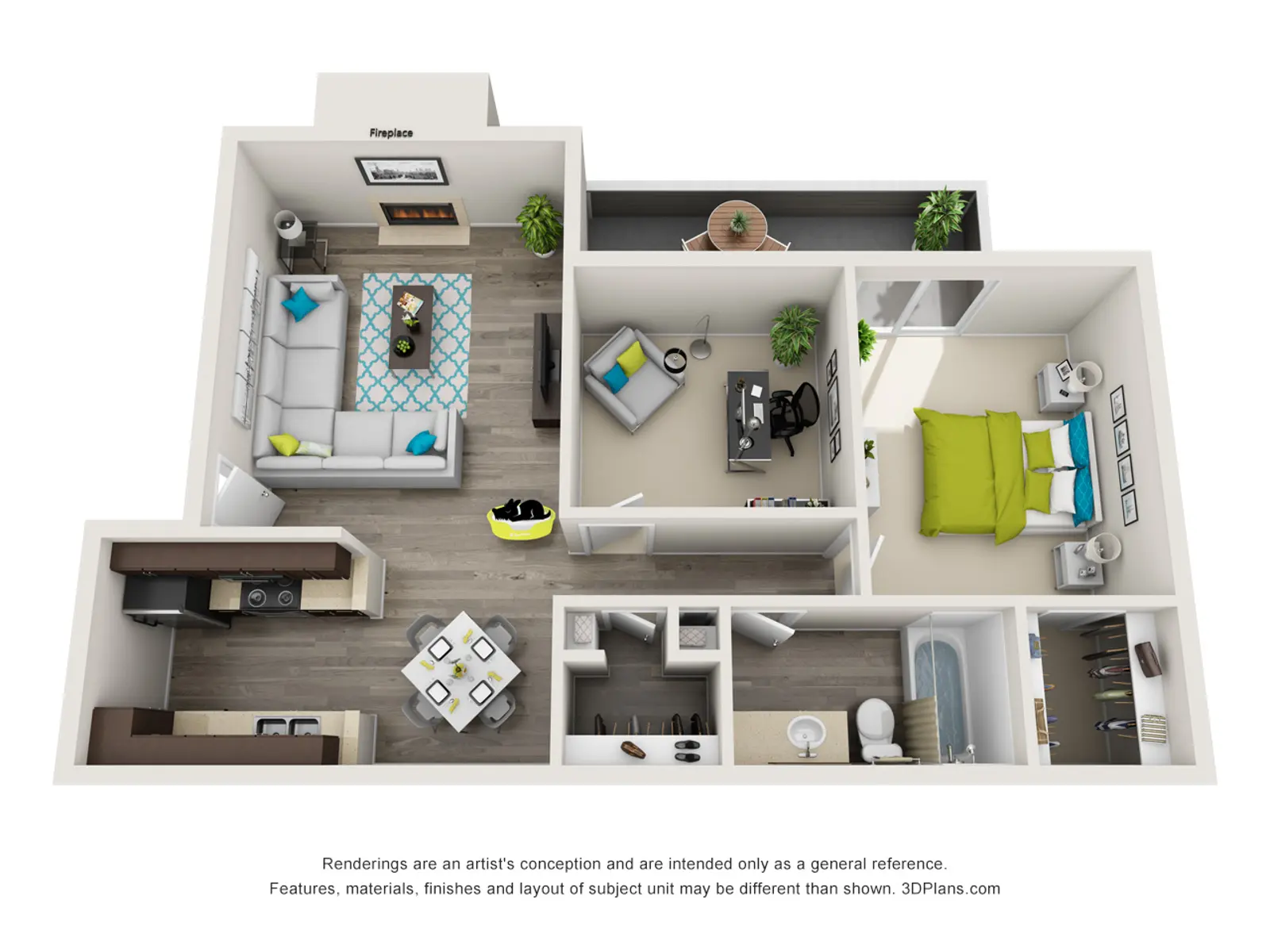 Modern Apartment Layout 3D rendering of an apartment layout showing a living room, kitchen, dining area, two bedrooms, and a bathroom.