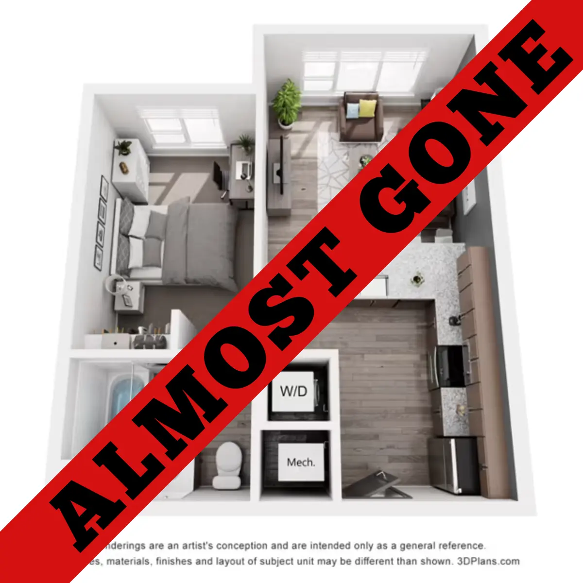 A top-down view of a room layout showing a bedroom, bathroom, and kitchen area, with text overlay 'ALMOST GONE' in red. The layout includes furnishings such as a bed, a computer workspace, cabinets, and a washer/dryer. The diagram is labeled with details that indicate it is for reference purposes only.
