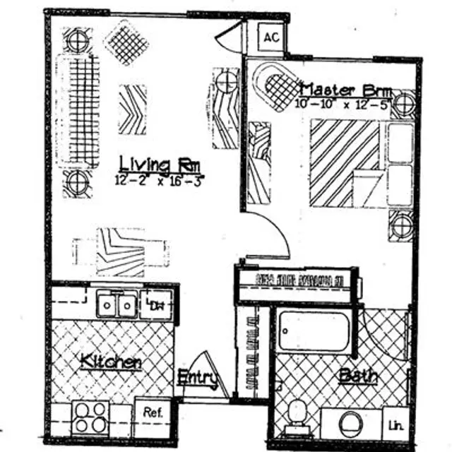 Apartment Floor Plan A detailed floor plan of a small apartment layout featuring a living room, kitchen, master bedroom, and bathroom, with dimensions indicated for each room.