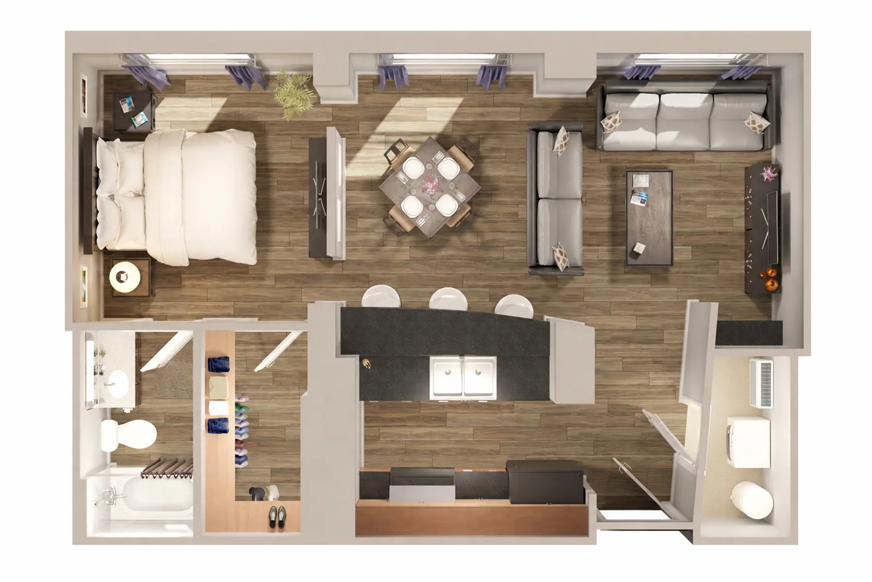 A detailed floor plan of an apartment showcasing the layout of the living room, kitchen, bedroom, and bathroom areas.