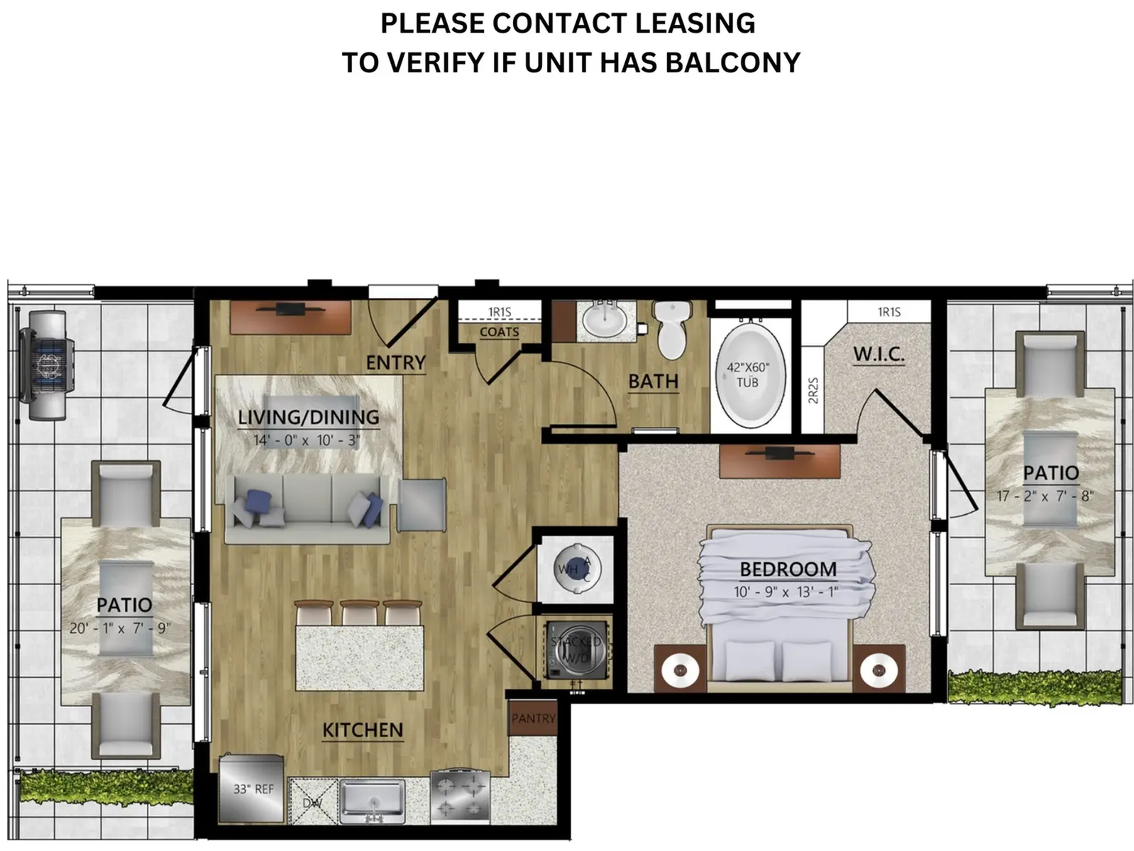A detailed floor plan of an apartment layout featuring a kitchen, living/dining area, bedroom, bath, and outdoor patios.