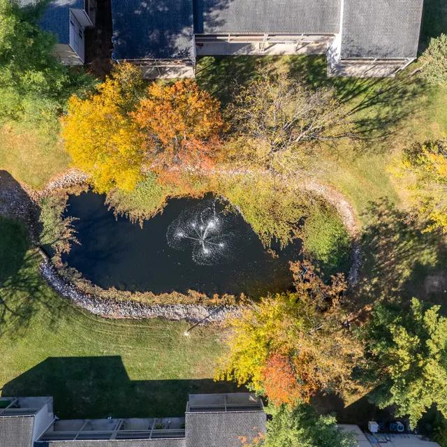 An aerial view of a small pond surrounded by trees with autumn foliage and several buildings in the background.
