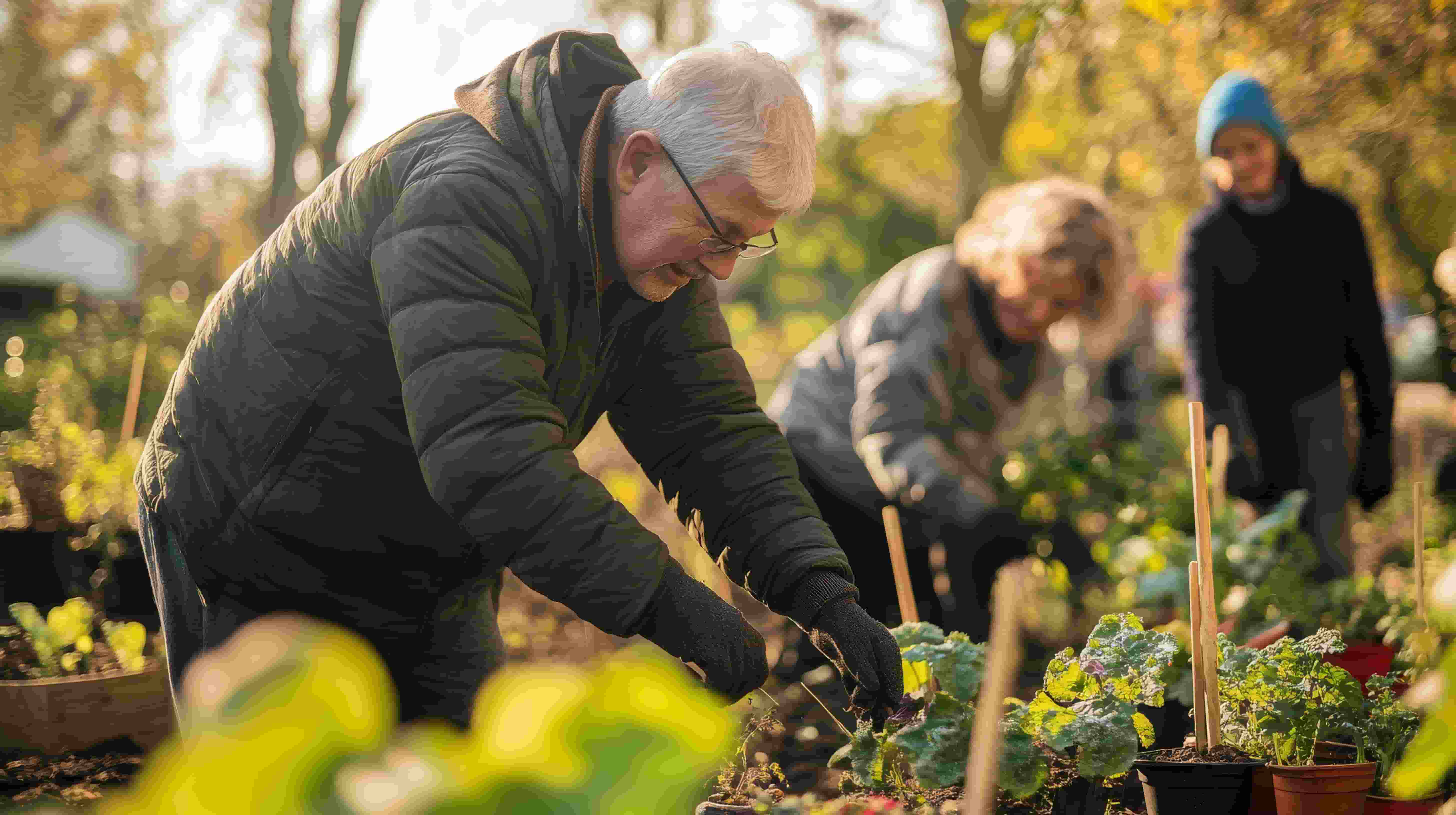 Elderly individuals gardening together, focused on planting at the community garden in Queen Anne's Gate Apartments in Weymouth, MA. Brightly lit by sunlight with green plants in the foreground.