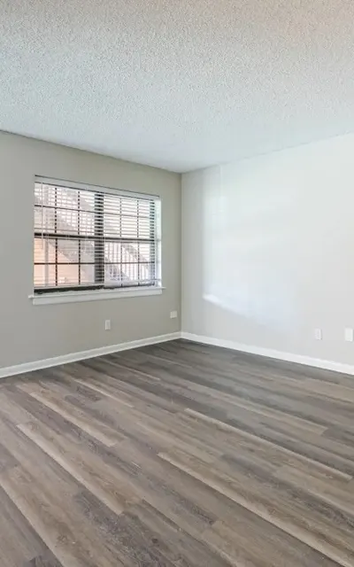 An empty living room with laminate flooring and a large window, featuring sliding closet doors on the left.