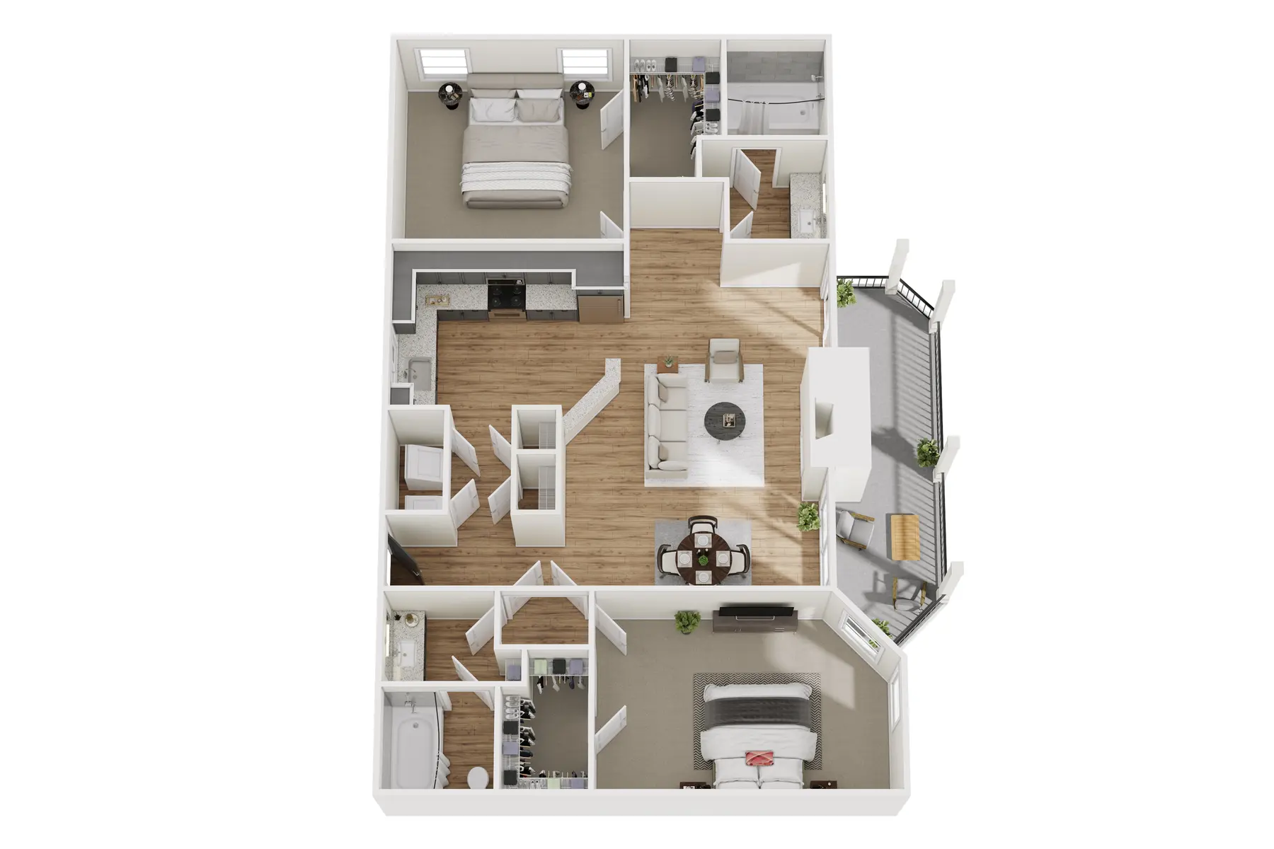 Apartment Floor Plan Overview A top-down view of an apartment floor plan, featuring various rooms including bedrooms, a living area, and a kitchen.