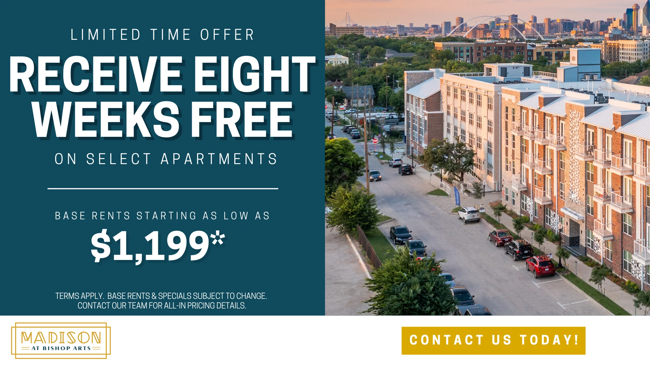 Promotional graphic advertising an apartment rental offer with a photo of a residential area.