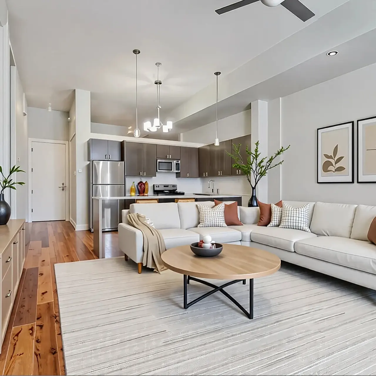 A modern living room featuring a light-colored sectional sofa, circular coffee table, and a flat-screen TV mounted on the wall. The kitchen is open and has stainless steel appliances. Decorative elements include plants and artwork.