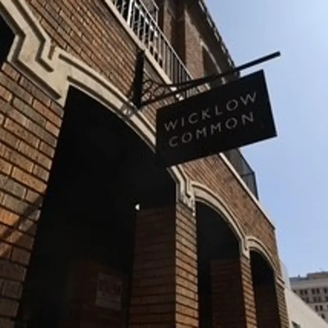 A close-up view of a sign hanging from a building reading 'Wicklow Common' in a city setting, with a brick facade and surrounding architectural features.