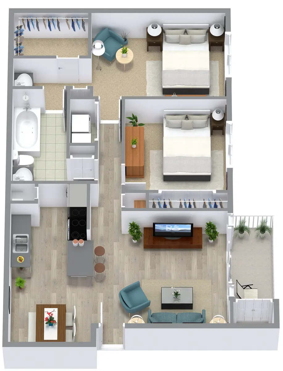Two-Bedroom Apartment Floor Plan A detailed floor plan of a two-bedroom apartment. Each bedroom contains two beds and side tables. The living room features a sofa, coffee table, and TV stand. The kitchen has appliances and a dining table. A bathroom is also included in the layout.