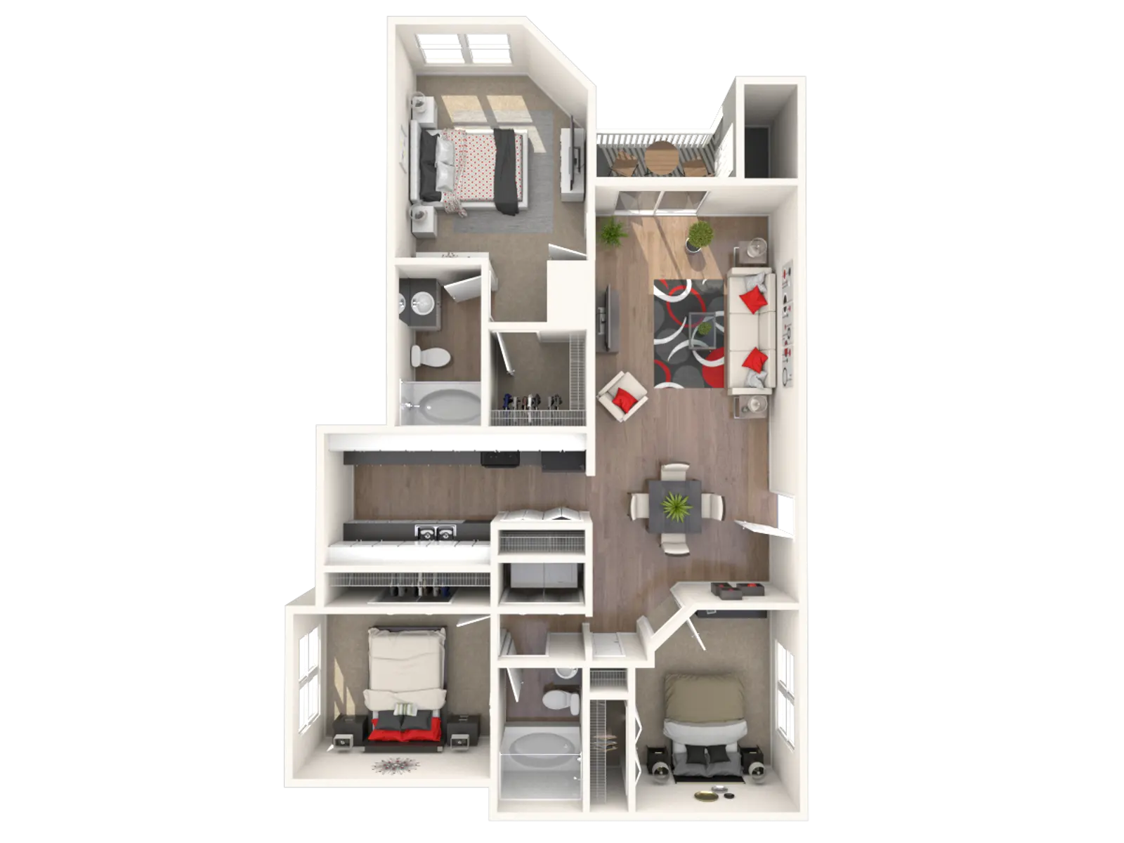 A top-down view of a spacious apartment layout, featuring a living room, kitchen, bedroom, and bathroom areas.