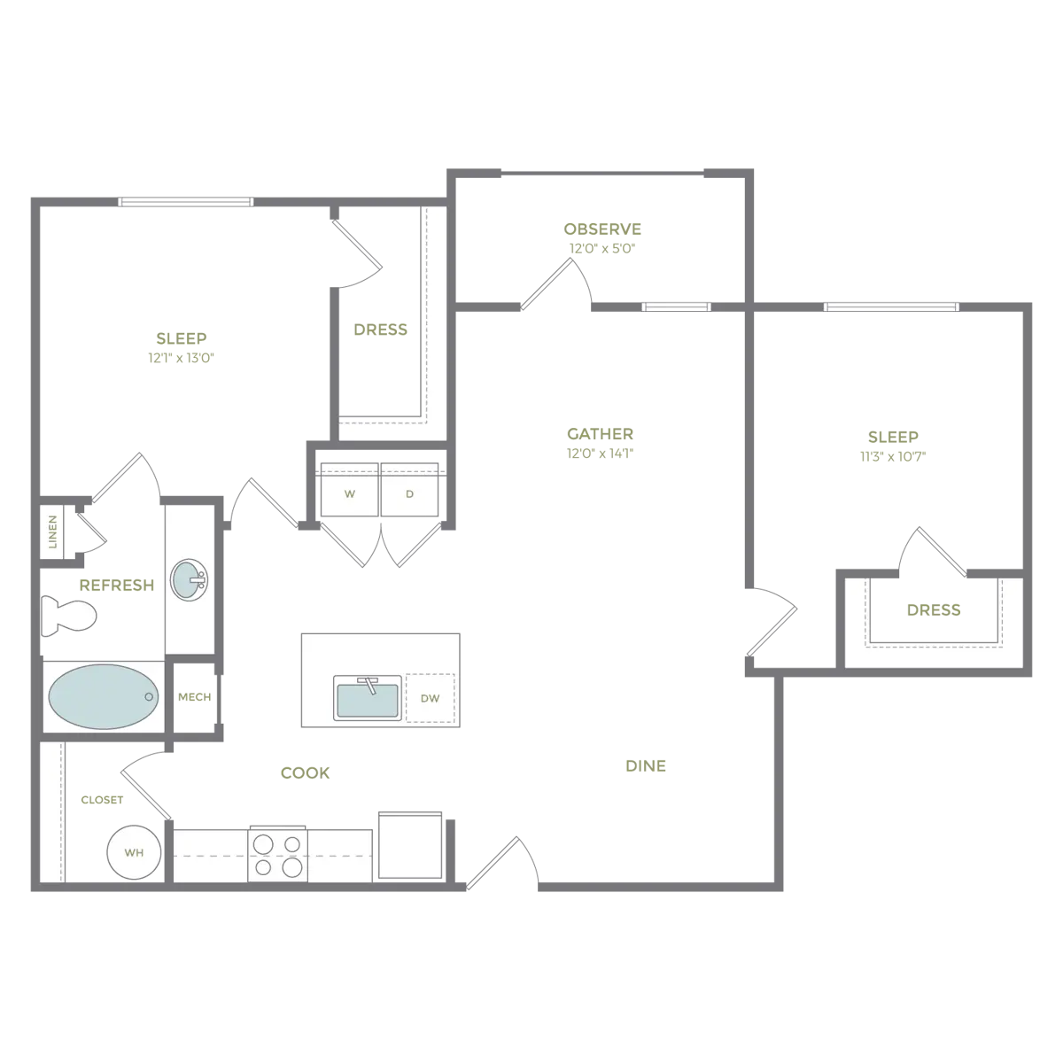 A floor plan of a two-bedroom apartment featuring rooms labeled as Kitchen, Dining, Living, two Bedrooms, a Bath, and a Closet, with dimensions for each room provided.