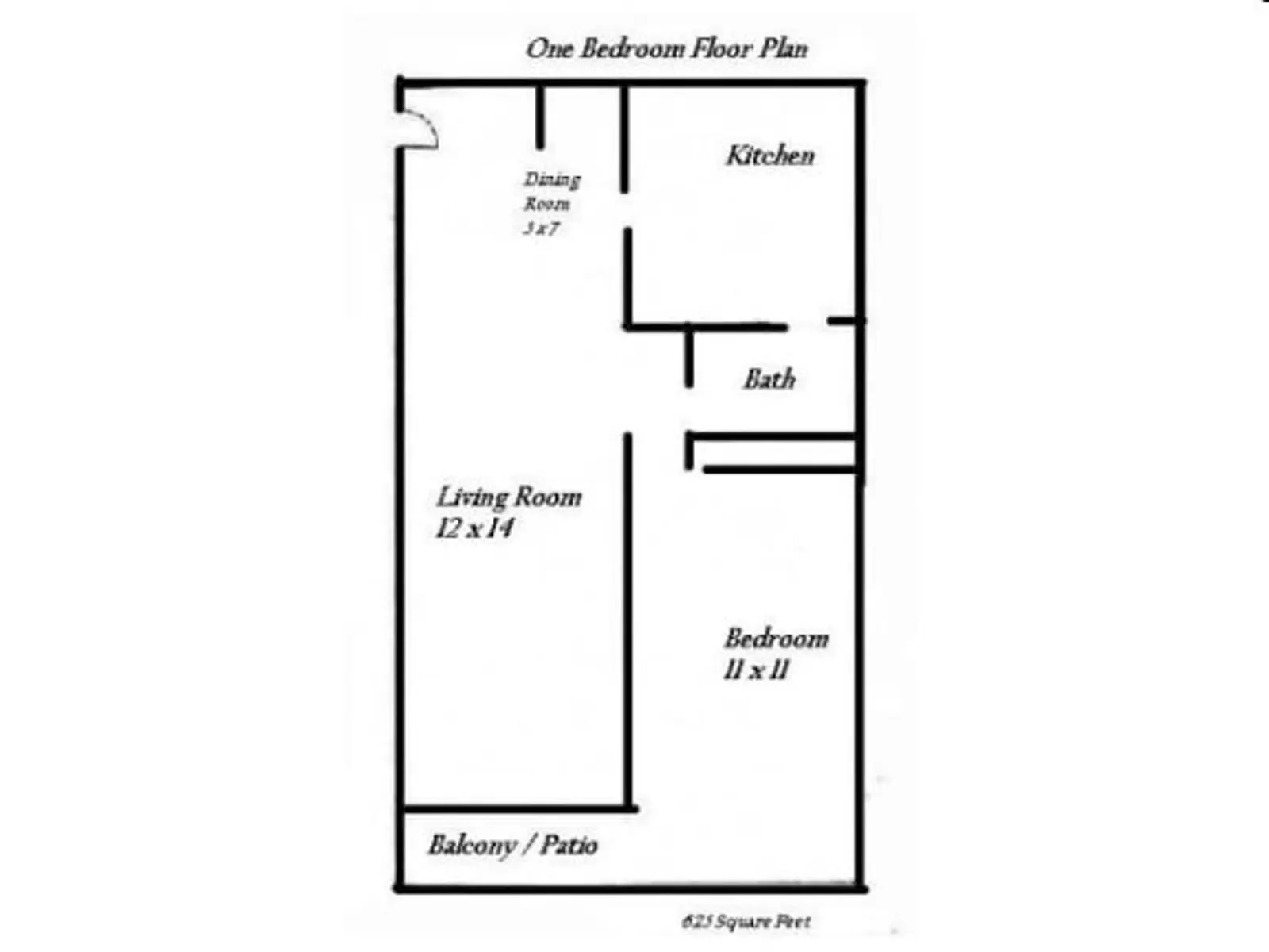 A layout of a one-bedroom apartment, showing designated areas for the kitchen, bathroom, living room, bedroom, and balcony/patio, with dimensions noted for each room.