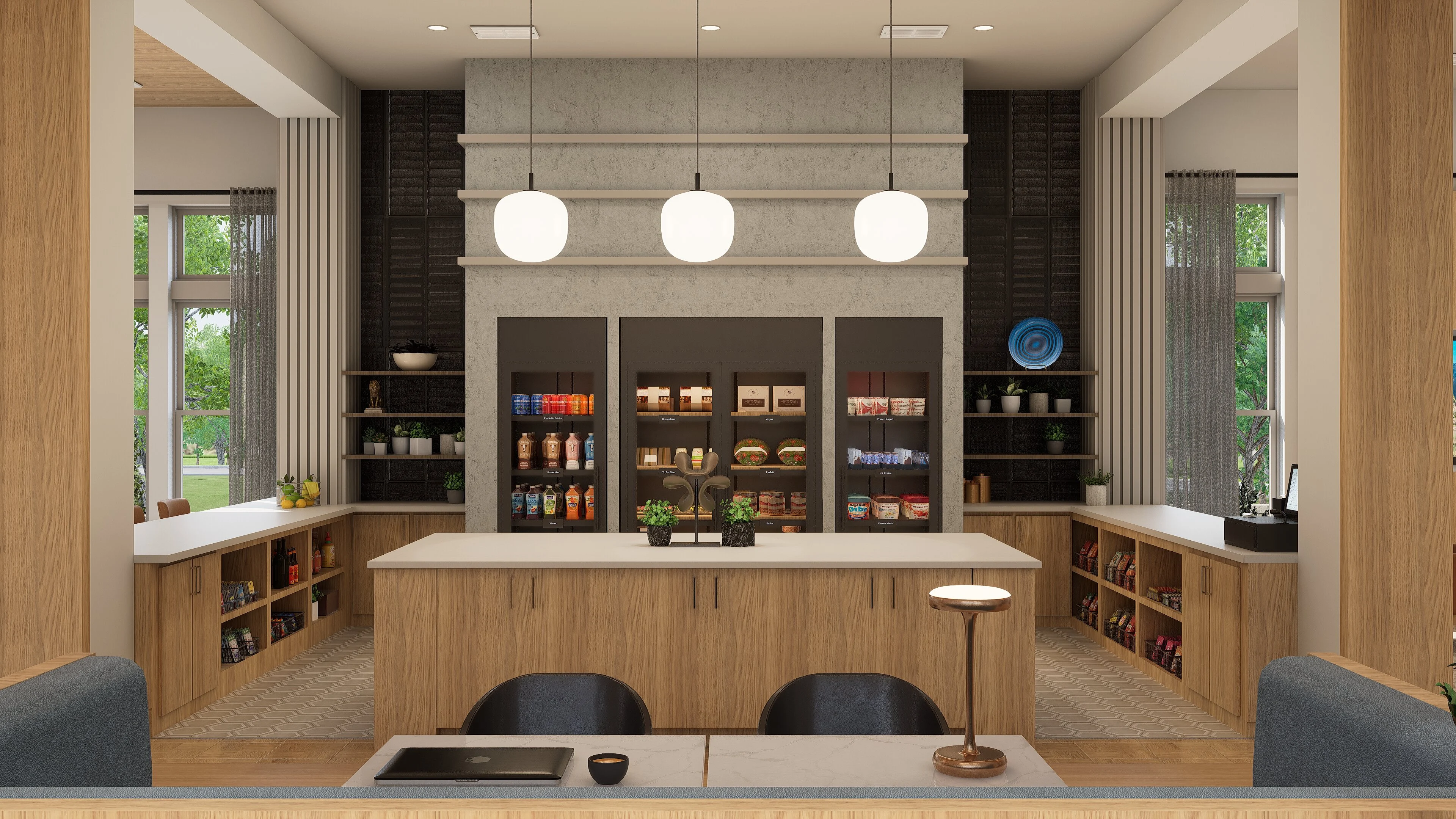 Modern Communal Space A modern communal space featuring a central counter with shelves of snacks and beverages, light fixtures overhead, and large windows allowing natural light in.