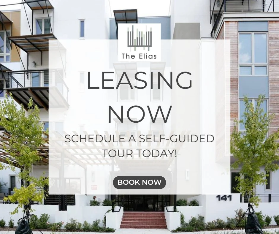 Promotional image for The Elias apartments featuring modern architecture and greenery, with a leasing sign overlay.