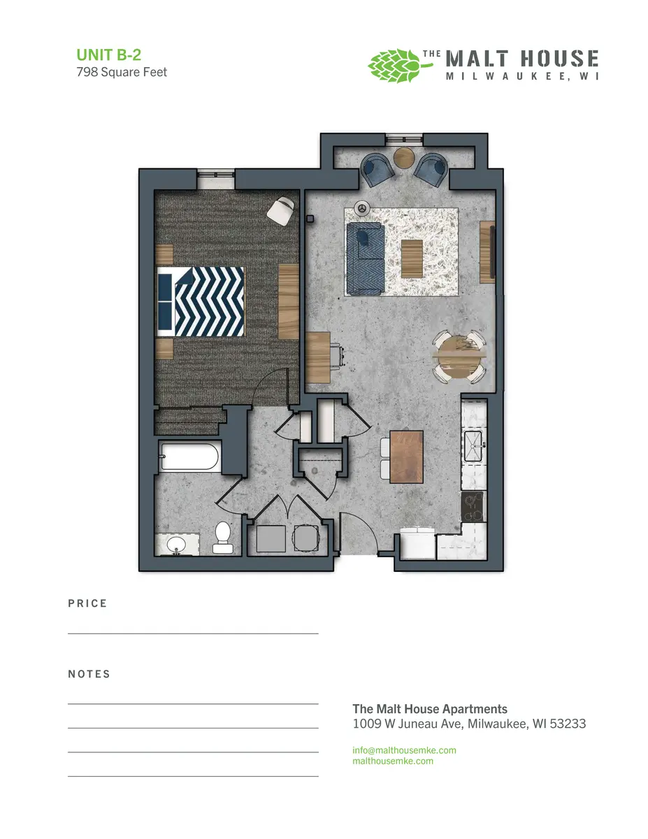 Floor plan of a one-bedroom apartment with living area, kitchen, bathroom, and bedroom layout.