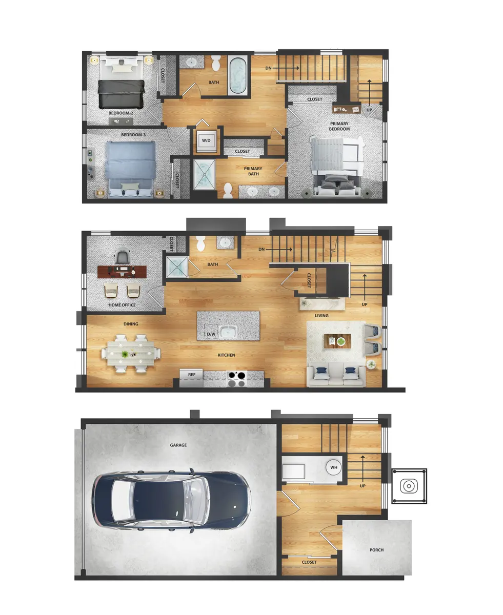 Three-Story House Floor Plan A three-level floor plan showing a residential layout. The top level includes a bedroom, bathroom, and living space. The middle level contains a kitchen, dining area, and living room. The bottom level features a garage with space for a car and utility areas.