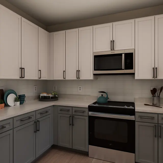 Modern kitchen with stainless steel appliances, light cabinetry, and wooden accents.