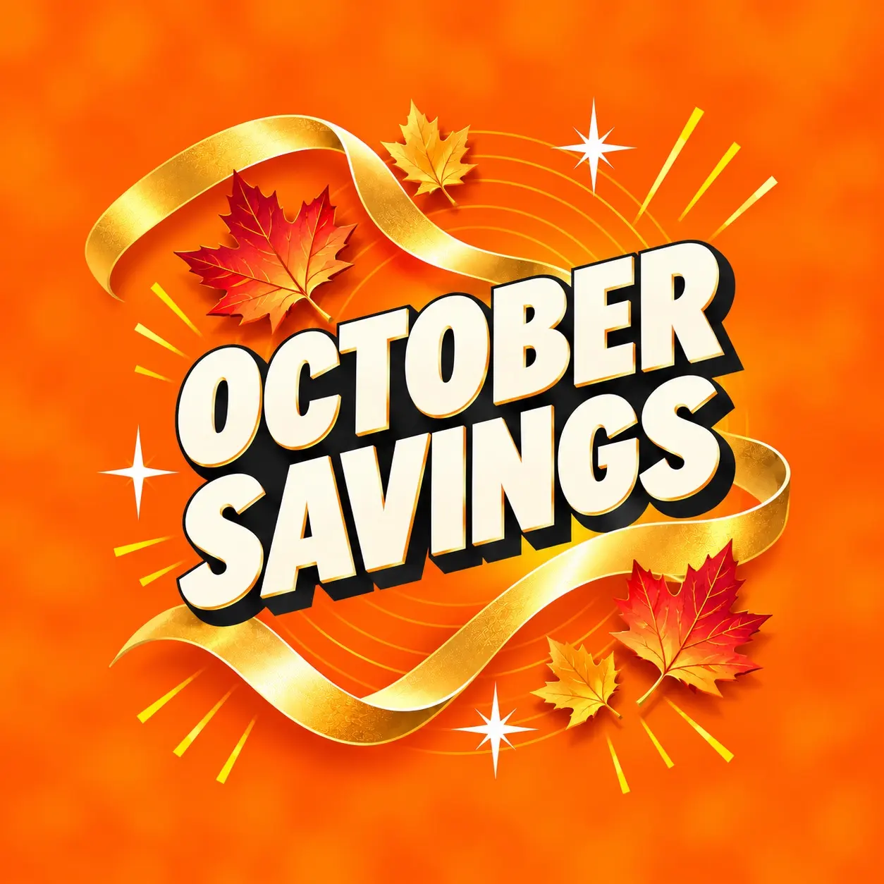 Graphic design featuring the text 'October Savings' with autumn leaves and decorative elements on an orange background.