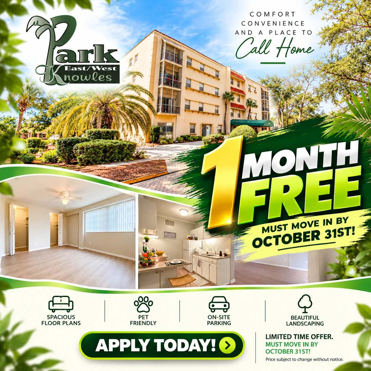 Promotional flyer for Park East/West Knowles apartment community offering one month free rent with various amenities listed.