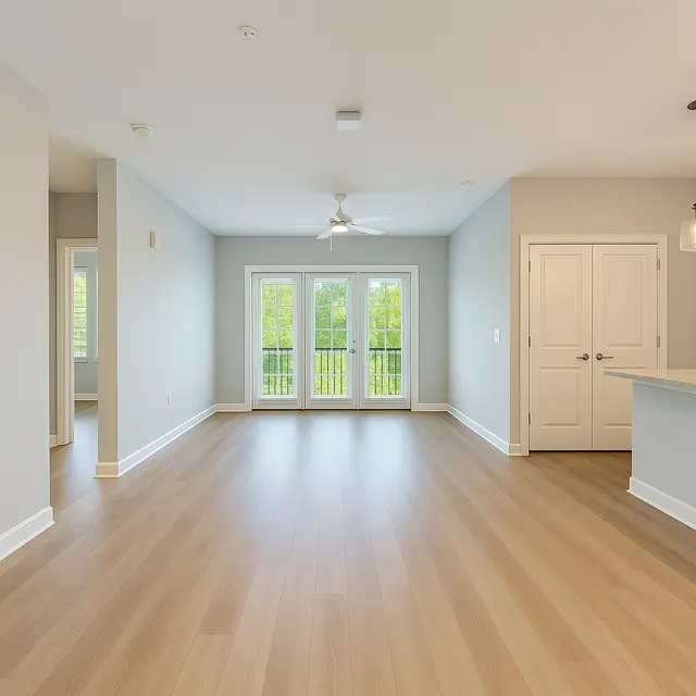 Spacious Modern Living Room A spacious modern living room featuring light wood flooring and large windows overlooking greenery. The walls are painted light gray, and there is a ceiling fan. A doorway leads to a kitchen area with a counter.