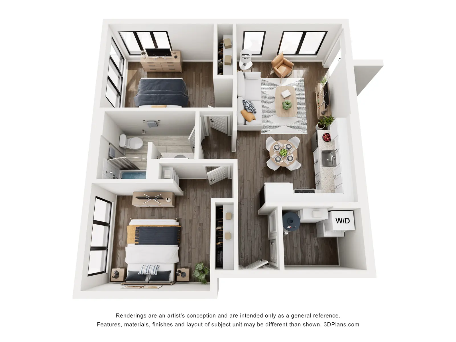 3D rendering of an apartment floor plan featuring two bedrooms, a living area, and a kitchen.