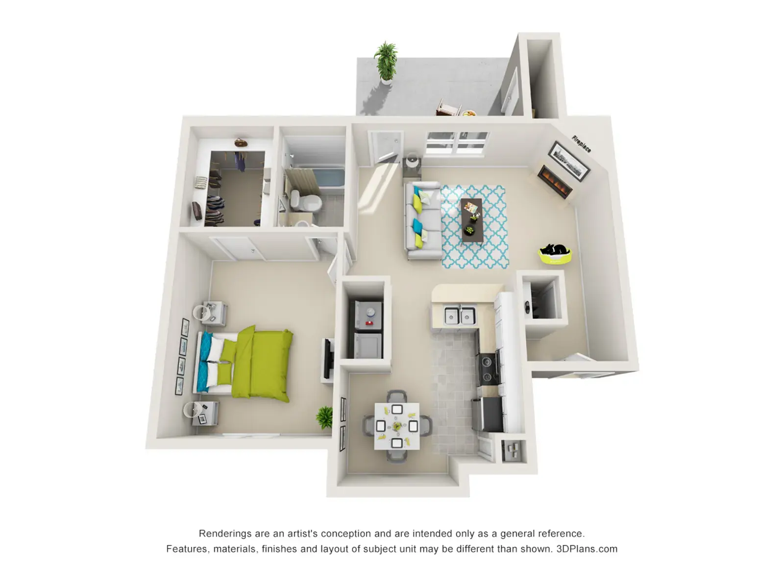 A 3D floor plan of a small apartment featuring a living area, kitchen, bedroom, bathroom, and dining area.