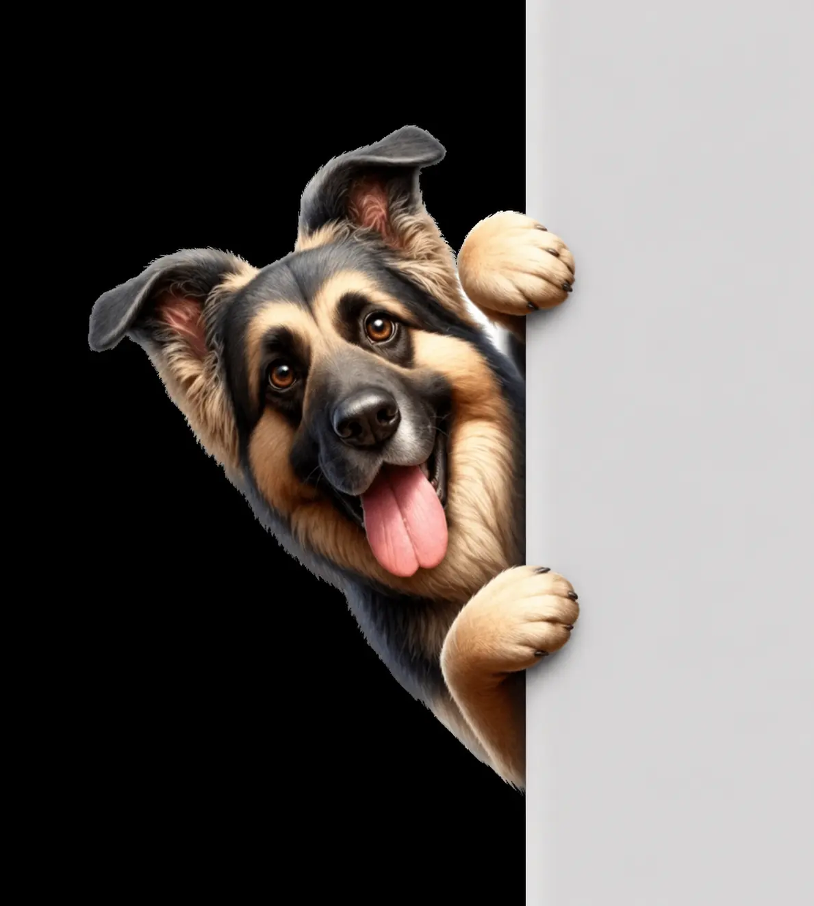 A cheerful dog with a black and tan coat peeking around a gray wall, sticking out its tongue and looking playful.