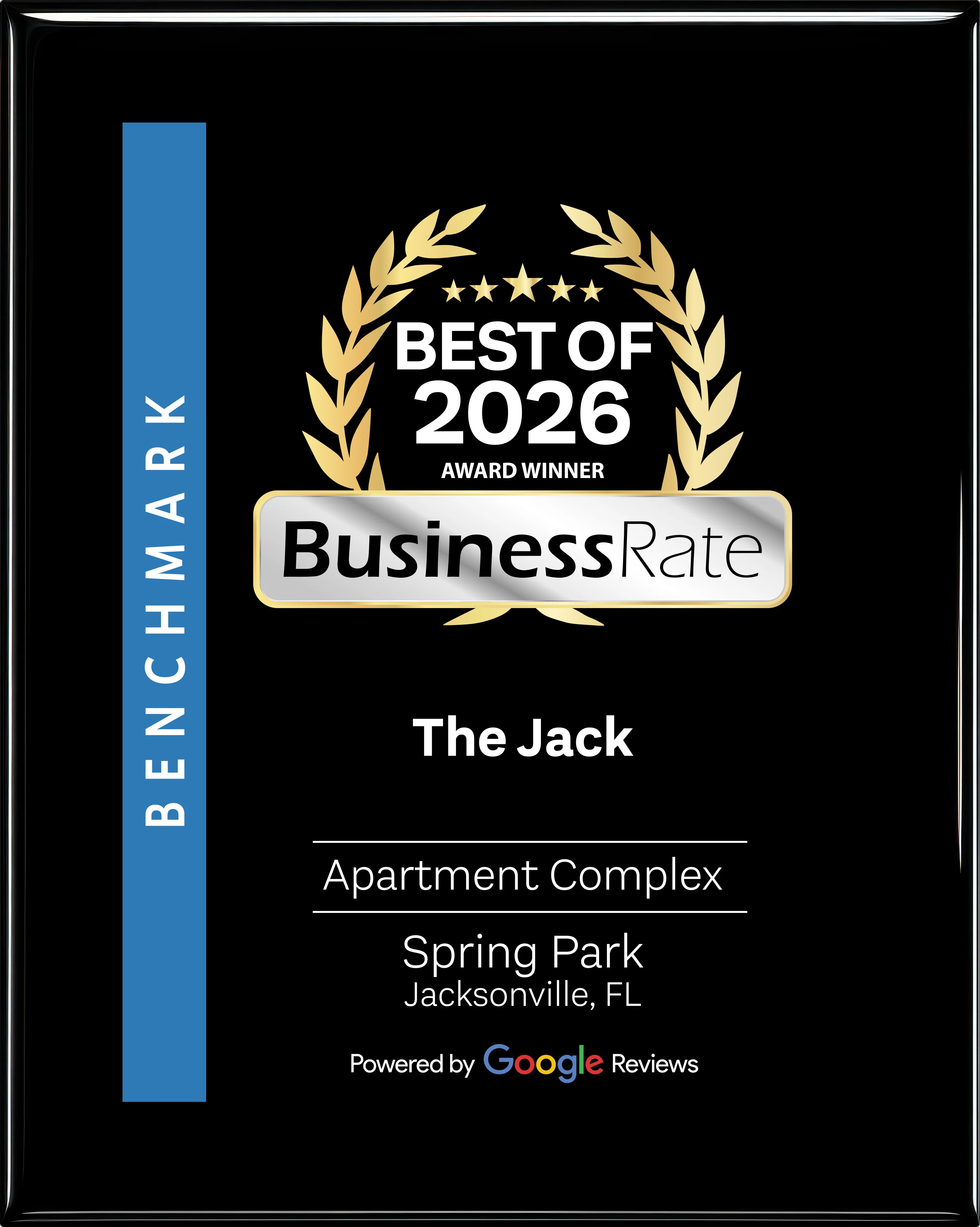 Best of 2026 Award for The Jack Apartment Complex Award plaque stating 'Best of 2026 Award Winner' for The Jack Apartment Complex in Spring Park, Jacksonville, FL.