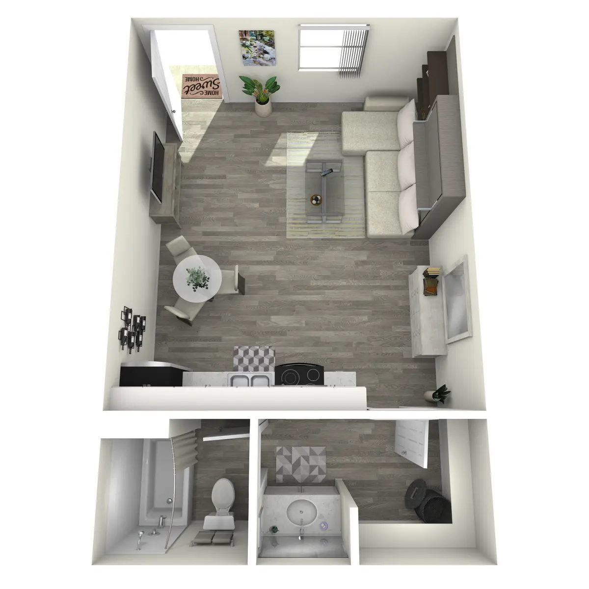 A top-down view of a small apartment layout featuring a living area, kitchen, and bathroom.