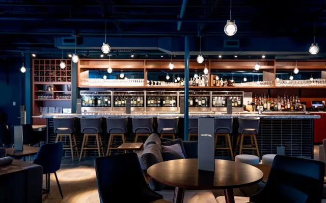 Interior view of a modern bar with stylish seating and a well-stocked counter.
