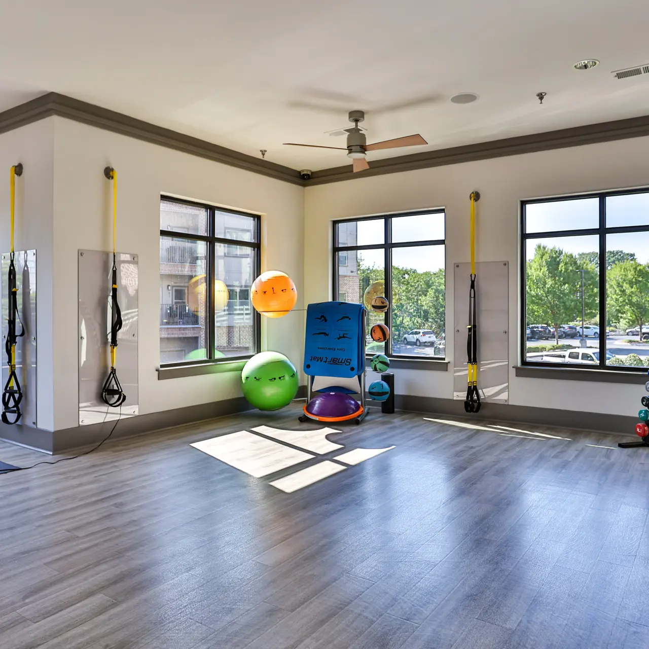 Spacious Modern Fitness Room A spacious modern fitness room featuring exercise equipment, including a stationary bike, medicine balls, and resistance bands, illuminated by large windows with a view of greenery outside.