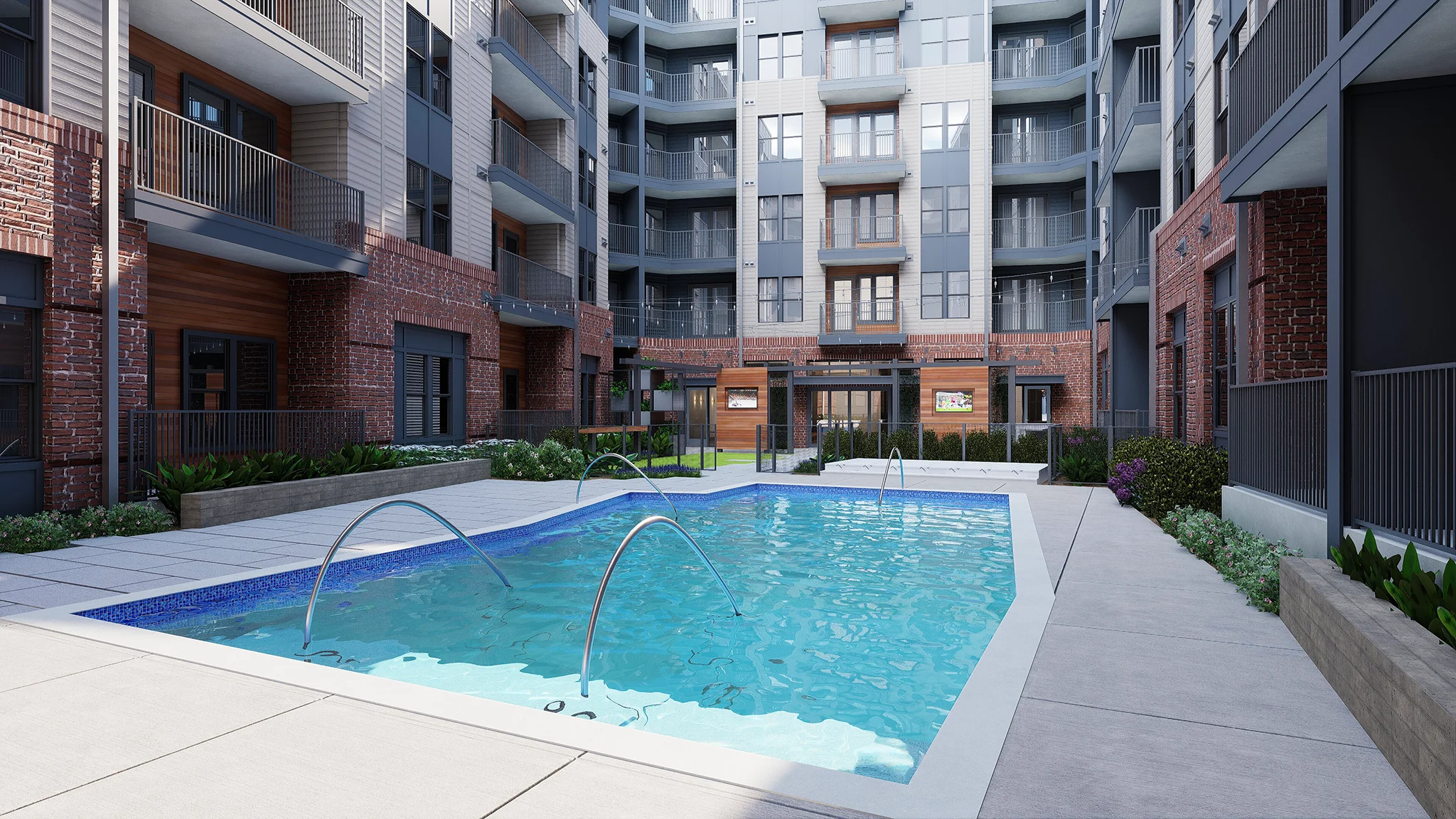 A modern apartment complex courtyard featuring a swimming pool with water features, surrounded by greenery and buildings.