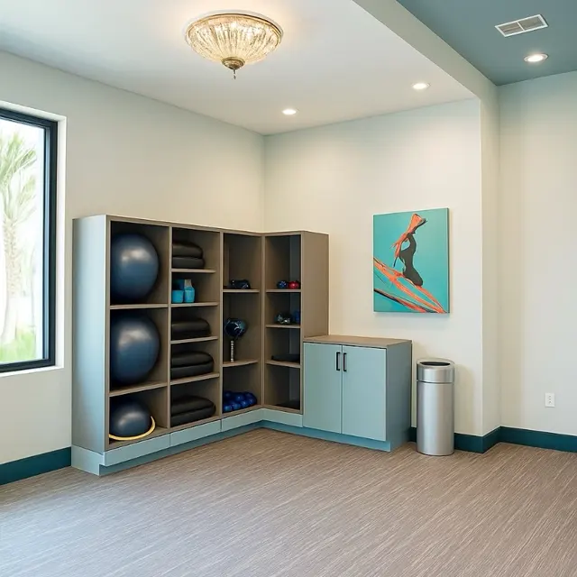 A bright fitness room featuring a neatly organized shelving unit with fitness equipment, a cabinet, and an artwork on the wall.