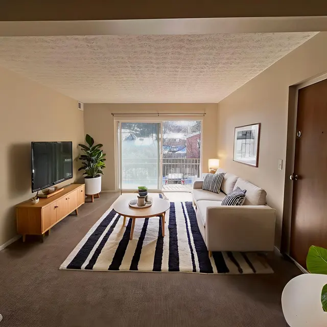 A cozy living room with a white sofa, striped area rug, wooden TV stand, and large windows letting in natural light.