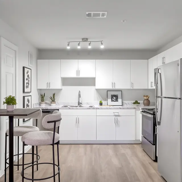 A modern kitchen featuring white cabinets and stainless steel appliances, with a small dining set and decorative plants.