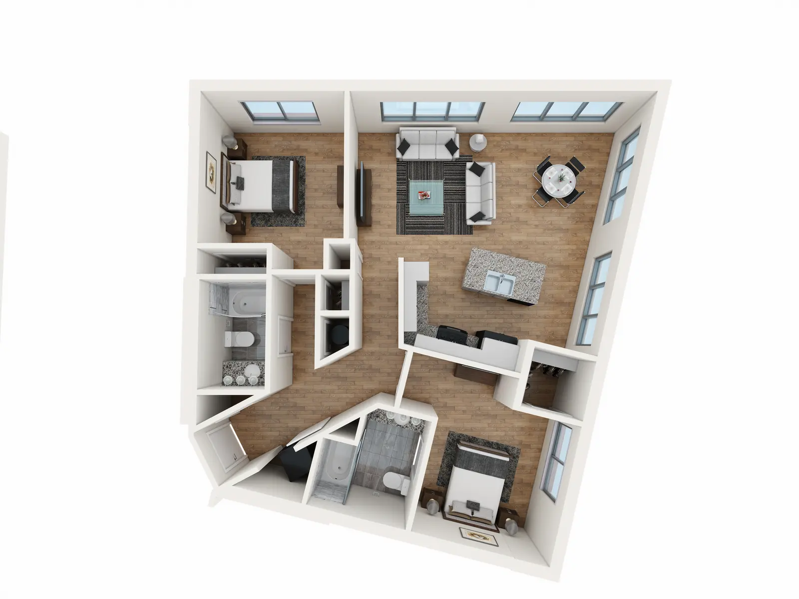 A top-down view of a modern apartment layout featuring a bedroom, living room, kitchen, and bathroom, with large windows and wooden flooring.