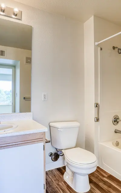 A modern bathroom featuring a bathtub, sink, toilet, and a large mirror. The walls are painted white, with a light wood flooring. A window in the entrance shows natural light.