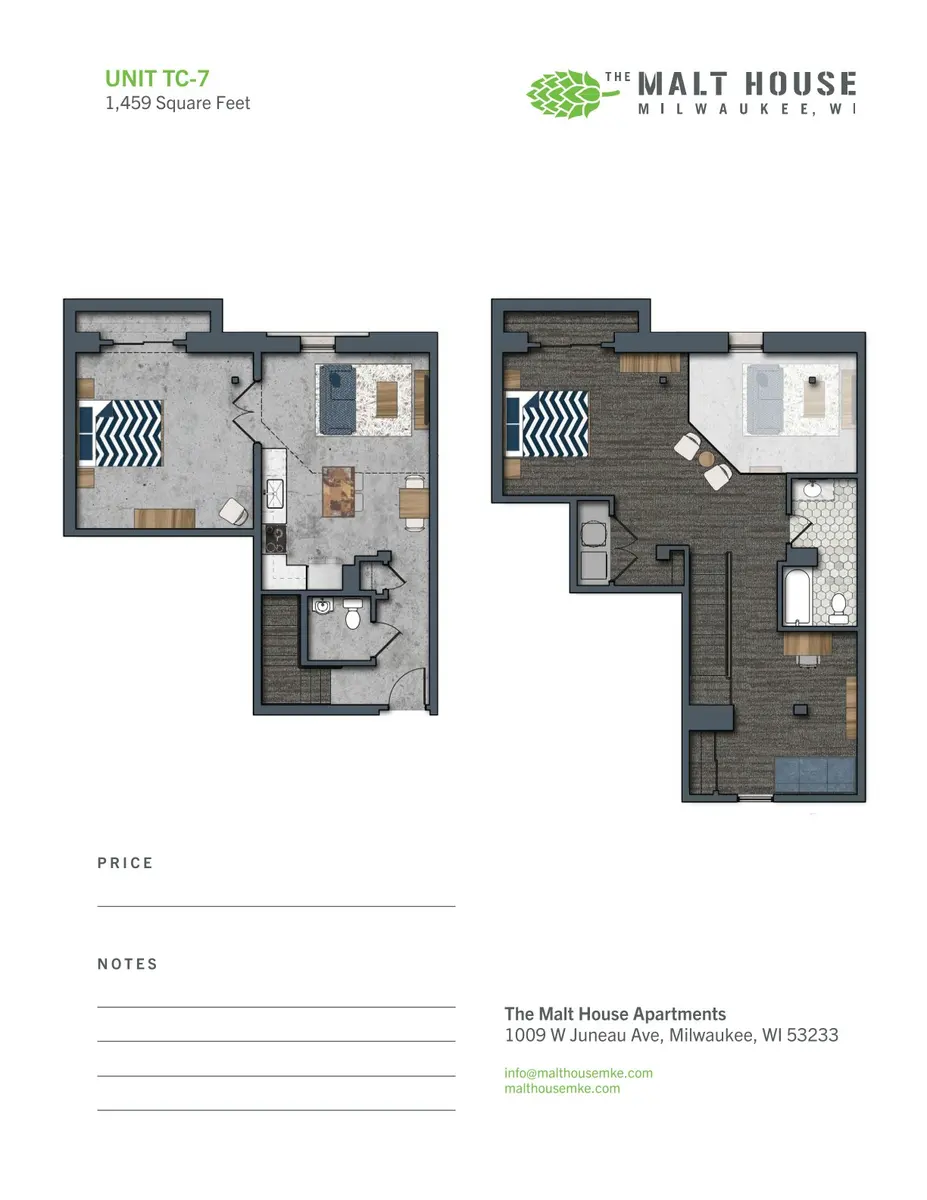 Floor plan layout of Unit TC-7 at The Malt House Apartments, featuring two separate interior designs in a 1,459 square foot area.