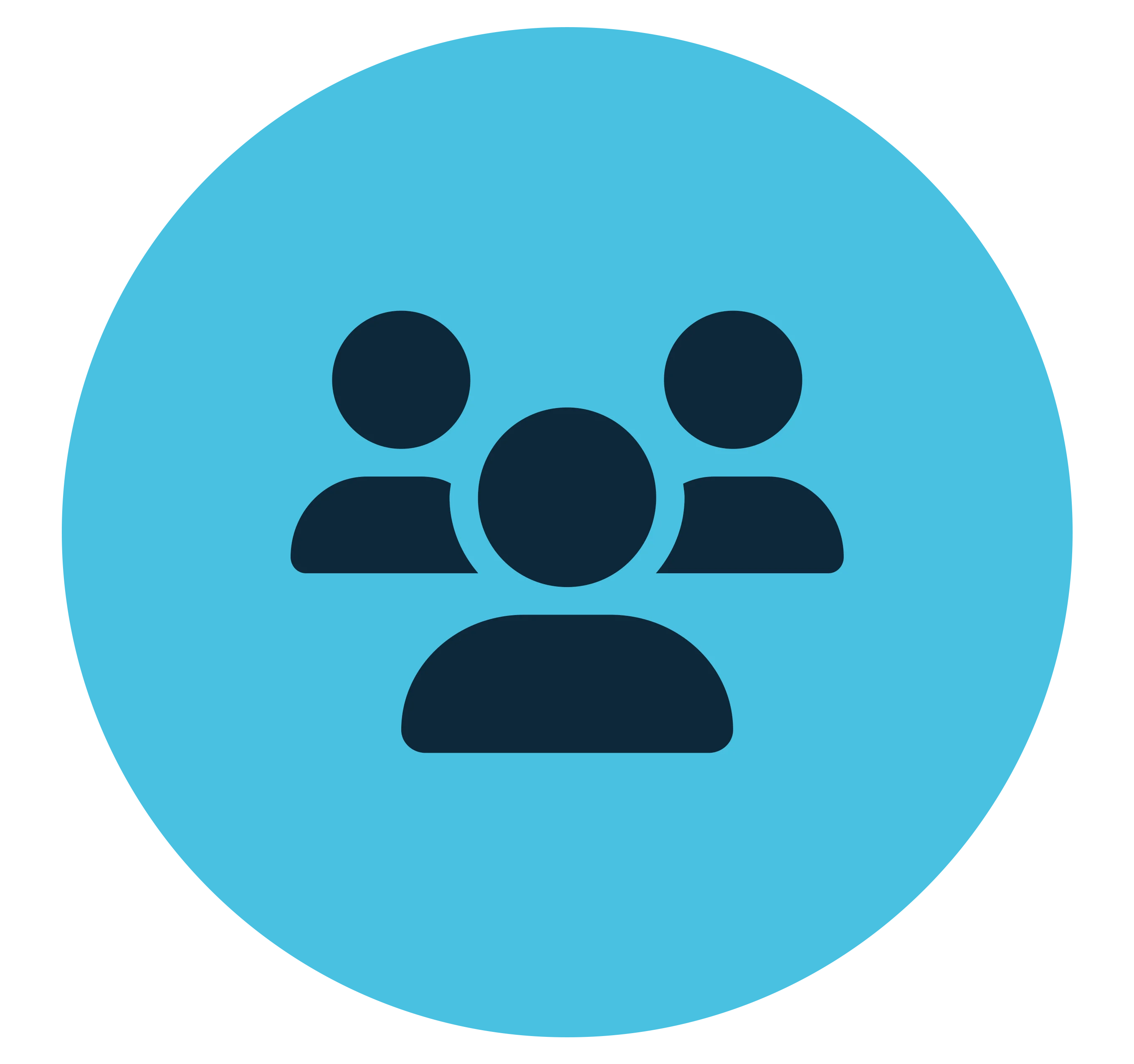 A simple black icon of three human figures on a light blue circular background.