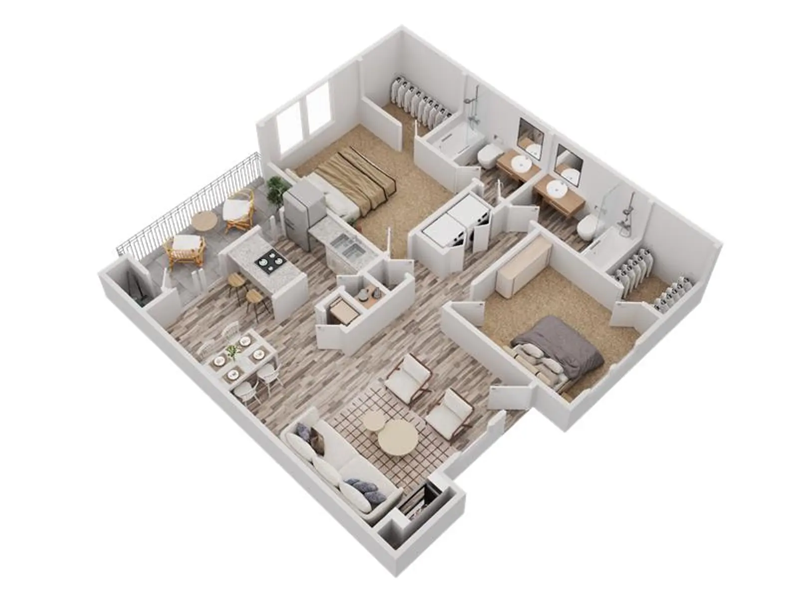 Modern Apartment Floor Plan An architectural floor plan of an apartment showing the layout of rooms including a kitchen, living area, bedrooms, and bathrooms.