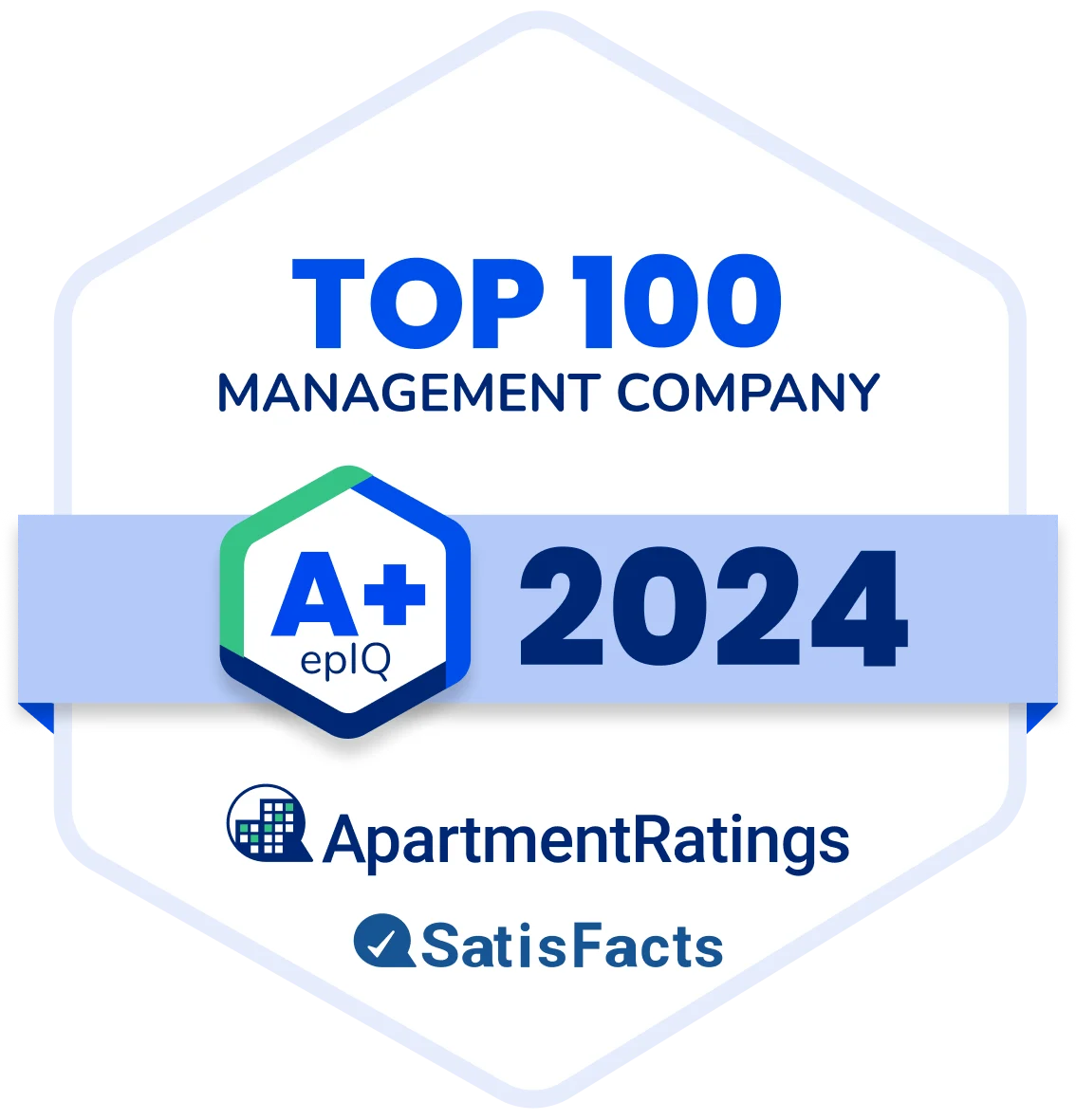 Top 100 Management Company 2024 Award Award badge for Top 100 Management Company 2024 by ApartmentRatings and SatisFacts, featuring a hexagon design, an A+ rating, and the year 2024.