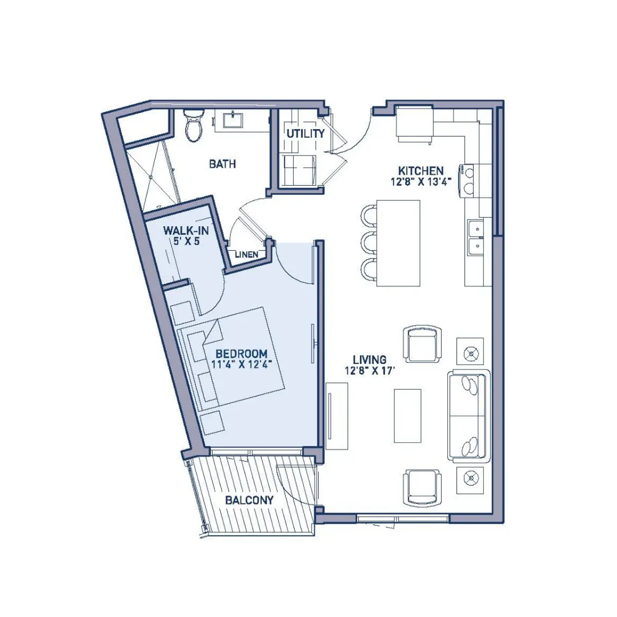 A floor plan of a one-bedroom apartment featuring a living area, kitchen, bathroom, and balcony with dimensions labeled for each room.