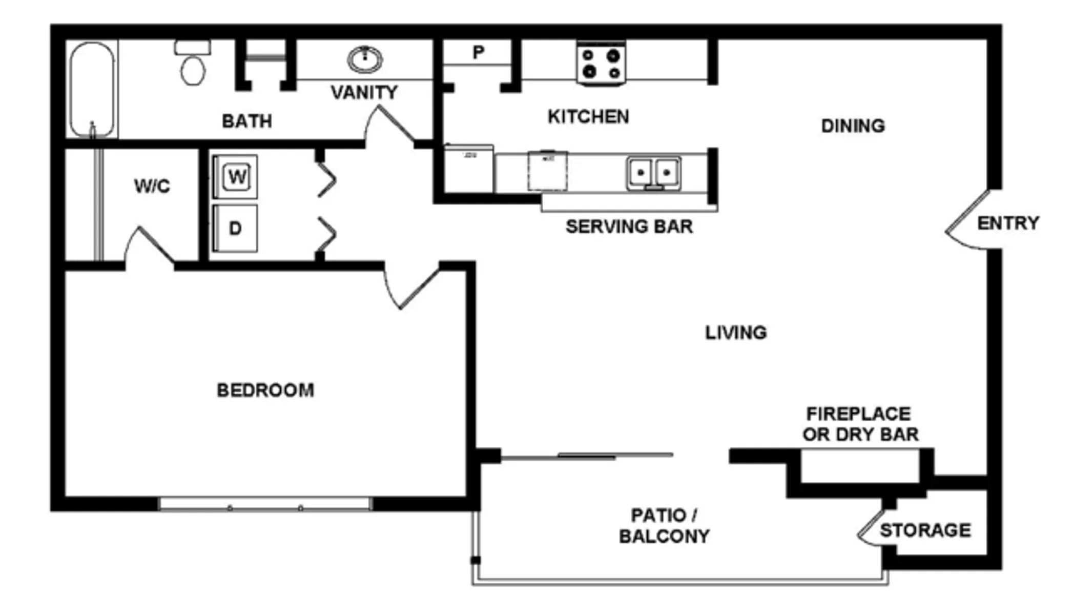 One-Bedroom Apartment Floor Plan Floor plan of a one-bedroom apartment featuring a bedroom, bathroom, kitchen, dining area, serving bar, living room, and patio/balcony.