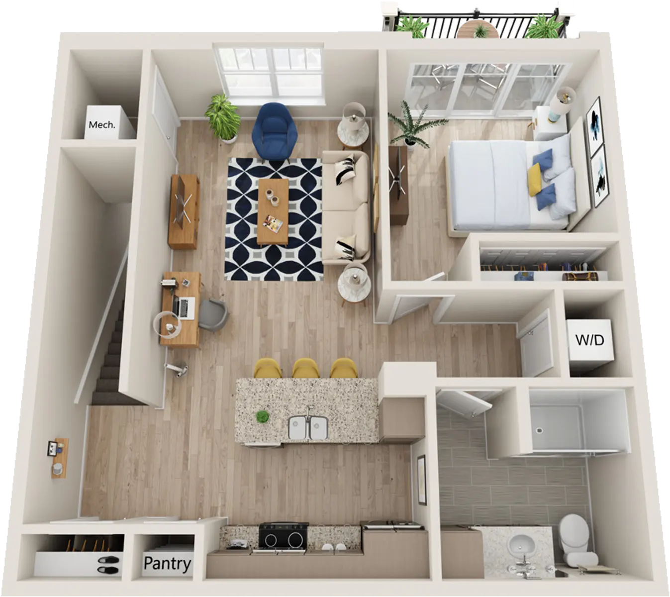 An overhead view of a one-bedroom apartment layout featuring living area, kitchen, bedroom, bathroom, and pantry.