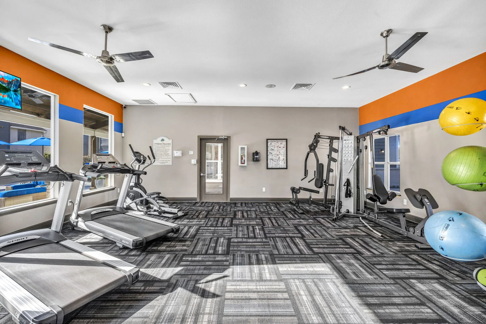 Interior view of a modern gym featuring exercise machines, a weight station, large windows, and exercise balls.