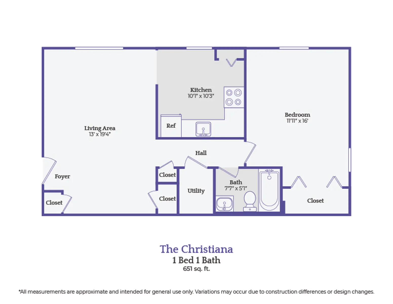 A floor plan of a one-bedroom, one-bath apartment named The Christiana, featuring a living area, kitchen, bedroom, bathroom, utility room, foyer, and multiple closets.