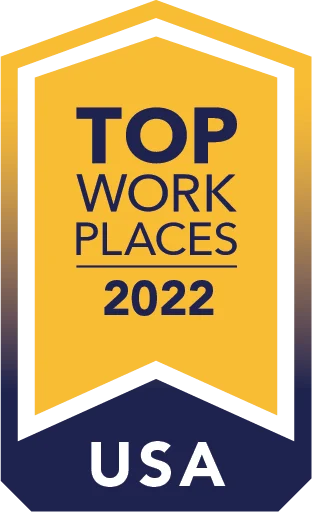 A badge or emblem featuring the text 'TOP WORK PLACES 2022' and 'USA' in a striking design with a yellow and blue color scheme.